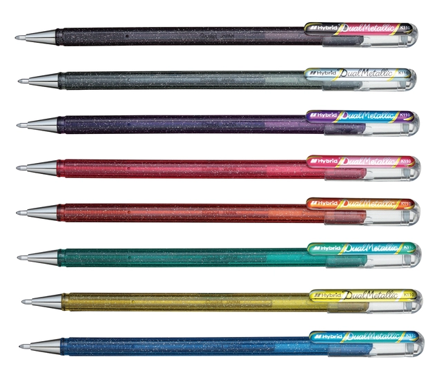 Een Gelschrijver Pentel K110 Dual medium metallic assorti 8 kleuren koop je bij Hoekmankantoorartikelen.nl