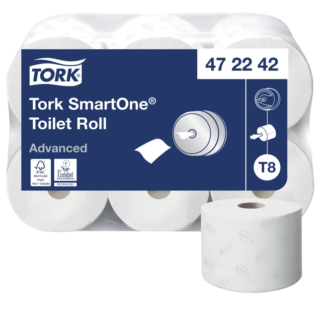 Een Toiletpapier Tork SmartOne® T8 advanced 2 laags 1150 vel wit 472242 koop je bij VHK Kantoorartikelen