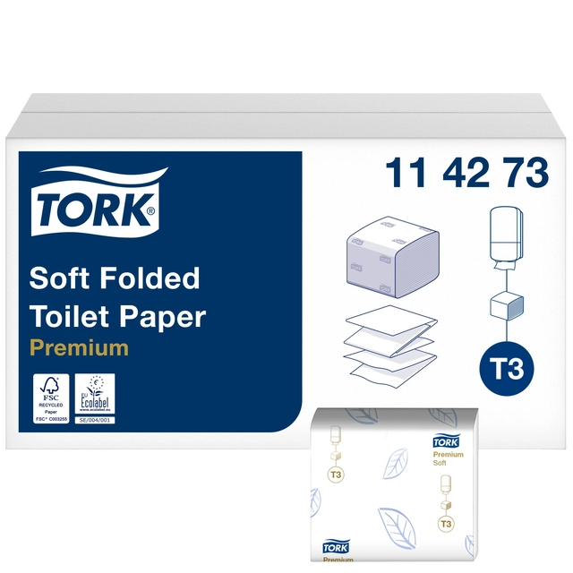 Een Toiletpapier Tork T3 gevouwen Premium Soft 2-laags 30x252vel 114273 koop je bij Hoekmankantoorartikelen.nl