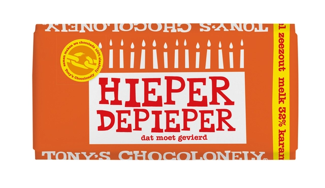 Een Chocolade Tony's Chocolonely melk karamel zeezout hieper de pieper reep 180gr koop je bij VHK Kantoorartikelen