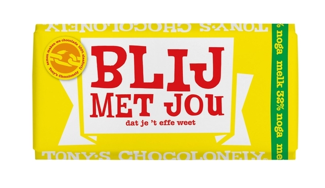 Een Chocolade Tony's Chocolonely melk noga blij met jou reep 180g koop je bij VHK Kantoorartikelen