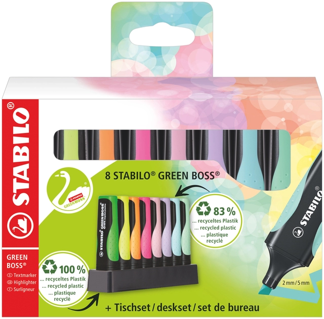 Een Markeerstift STABILO GREEN BOSS 6070/8 pastel assorti deskset à 8 stuks koop je bij VHK Kantoorartikelen