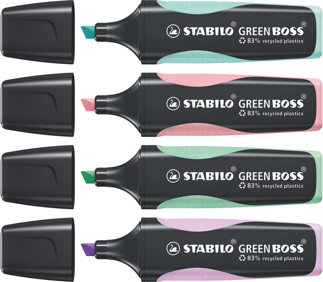 Een Markeerstift STABILO GREEN BOSS 6070/4 pastel assorti etui à 4 stuks koop je bij VHK Kantoorartikelen