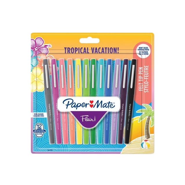 Een Fineliner Paper Mate Flair Tropical Vacation! medium assorti blister à 12 stuks koop je bij VHK Kantoorartikelen