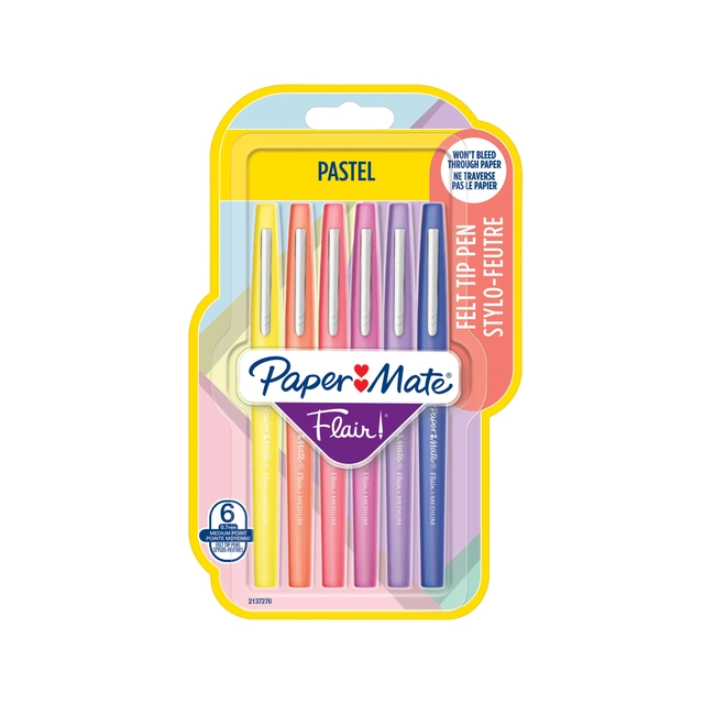 Een Fineliner Paper Mate Flair Pastel blister à 6 kleuren koop je bij VHK Kantoorartikelen