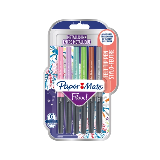 Een Fineliner Paper Mate Flair Metallic medium blister à 6 stuks koop je bij Hoekmankantoorartikelen.nl