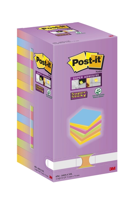 Een Memoblok Post-it Super Sticky 654 76x76mm color 16 stuks koop je bij Hoekmankantoorartikelen.nl