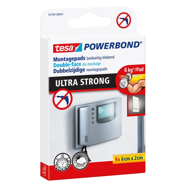 Een Montage pad tesa® Powerbond Ultra Strong dubbelzijdig 2x6cm 9 stuks koop je bij VHK Kantoorartikelen