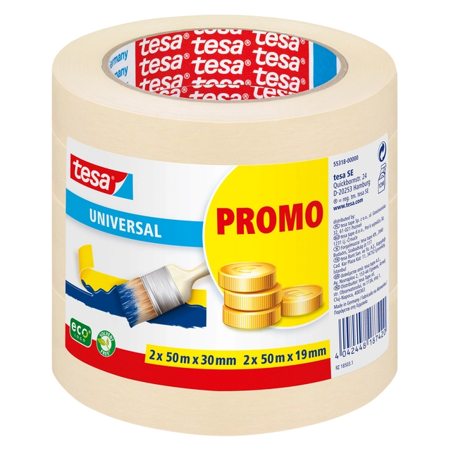 Een Afplaktape tesa® Economy 2x 50mx30mm, 2x 50mx19mm promopack koop je bij Hoekmankantoorartikelen.nl