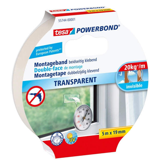 Een Montagetape tesa® Powerbond dubbelzijdig 5mx19mm transparant koop je bij VHK Kantoorartikelen