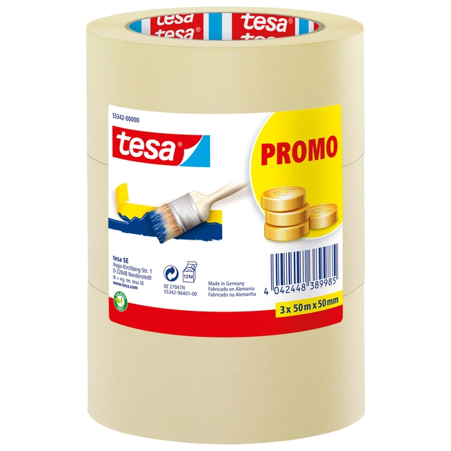 Een Afplaktape tesa® Economy 50mmx50m geel 3 rollen koop je bij Hoekmankantoorartikelen.nl