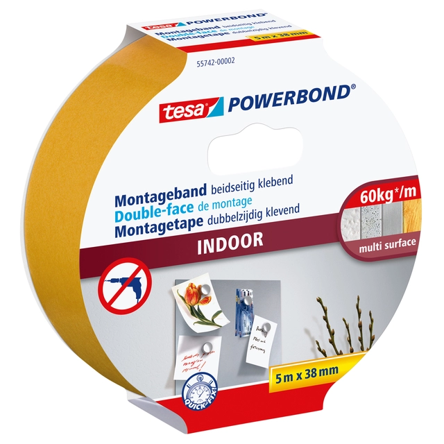 Een Montagetape tesa® Powerbond Indoor dubbelzijdig klevend 5mx38mm wit koop je bij VHK Kantoorartikelen