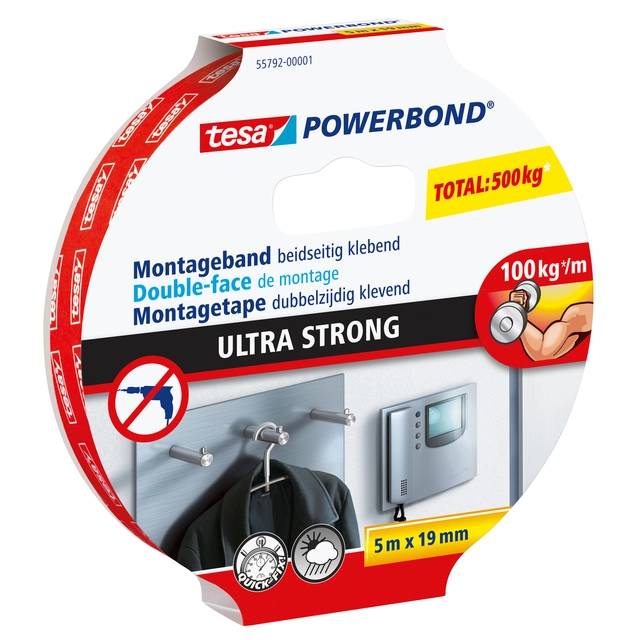 Een Montagetape tesa® Powerbond Ultra strong dubbelzijdig 5mx19mm wit koop je bij VHK Kantoorartikelen