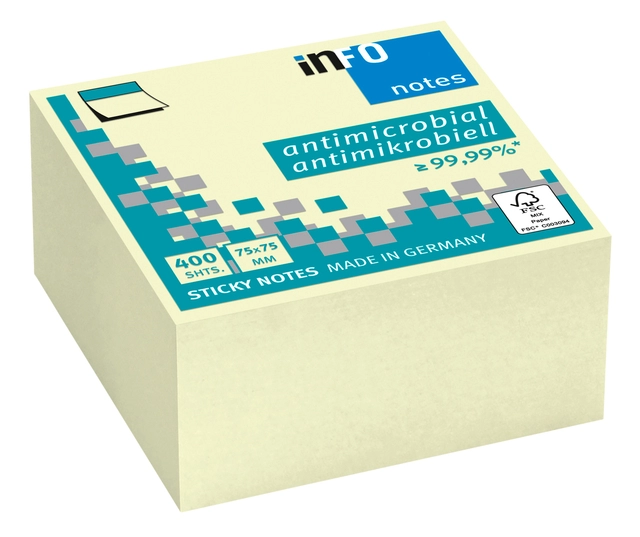 Een Memoblok info notes antimicrobiëel 400 vel 75x75mm geel 400 vel koop je bij Hoekmankantoorartikelen.nl