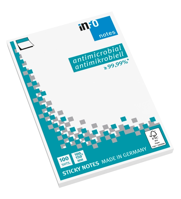 Een Memoblok Info Notes antimicrobiëel 100 vel 100x150mm wit koop je bij Hoekmankantoorartikelen.nl