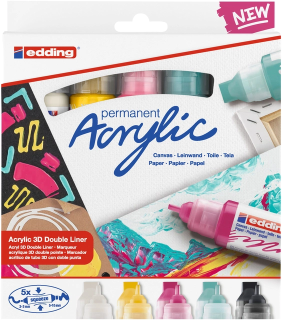 Een Acrylmarker edding e-5400 3D double liner medium basis assorti set à 5 stuks koop je bij VHK Kantoorartikelen