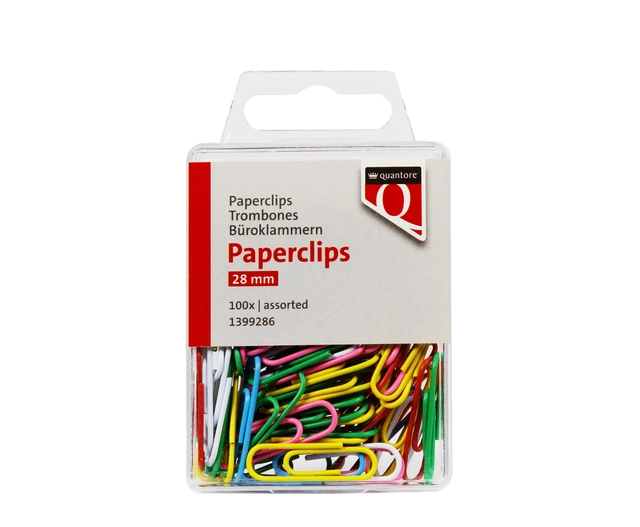 Een Paperclip Quantore 28mm 100 stuks assorti koop je bij VHK Kantoorartikelen