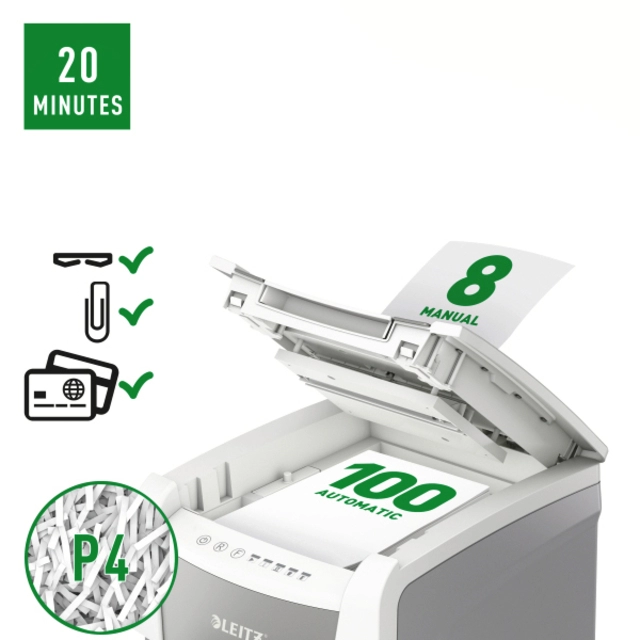 Een Papiervernietiger Leitz IQ Auto+ Small Office 100 P4 snippers 4x28mm koop je bij VHK Kantoorartikelen