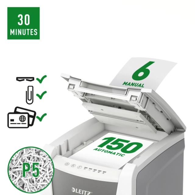 Een Papiervernietiger Leitz IQ Auto+ Office 150 P5 snippers 2x15mm koop je bij VHK Kantoorartikelen