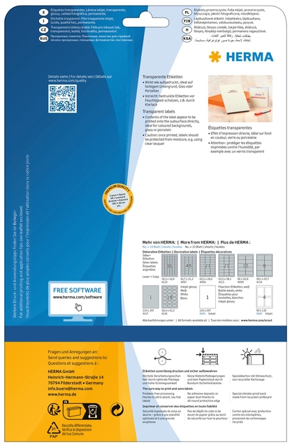 Een Etiket HERMA 8964 210x297mm transparant glanzend 10stuks koop je bij VHK Kantoorartikelen