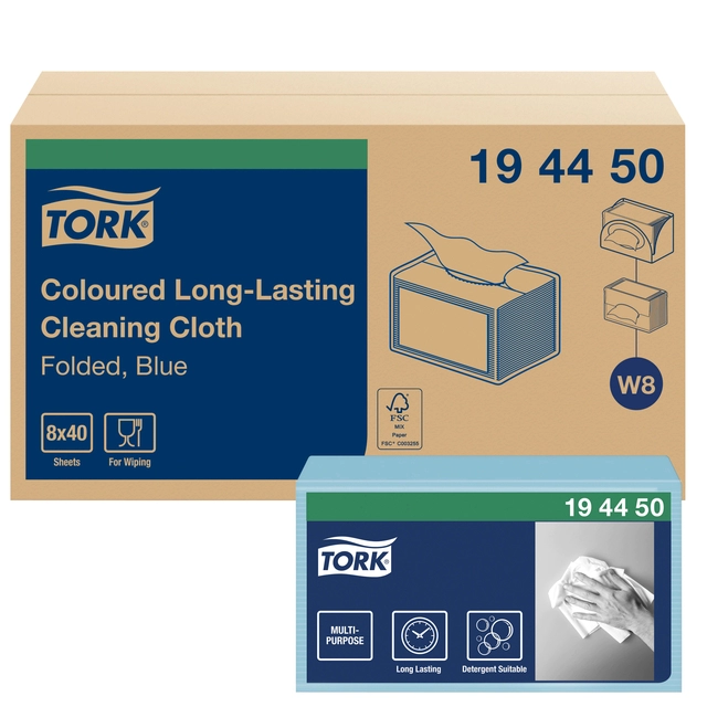 Een Reinigingsdoek Tork Long Lasting W8 multifunctioneel gevouwen 40 stuks blauw 194450 koop je bij Hoekmankantoorartikelen.nl