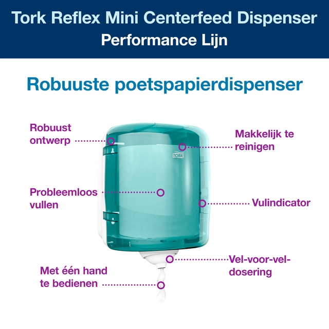 Een Dispenser Tork Reflex™ M4 performance lijn centerfeed wit/turquoise 473180 koop je bij VHK Kantoorartikelen