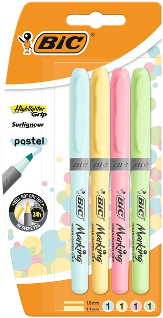 Een Markeerstift Bic grip pastel assorti blister à 4 stuks koop je bij VHK Kantoorartikelen