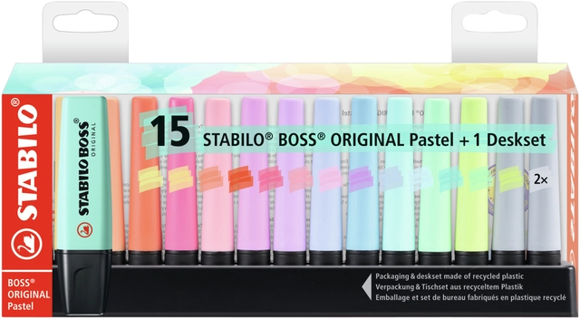 Een Markeerstift STABILO BOSS Original 70/15 pastel assorti deskset à 15 stuks koop je bij VHK Kantoorartikelen