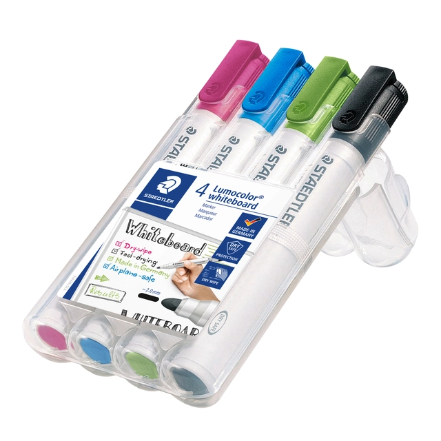 Een Viltstift Staedtler Lumocolor 351 whiteboard set à 4 stuks assorti koop je bij VHK Kantoorartikelen