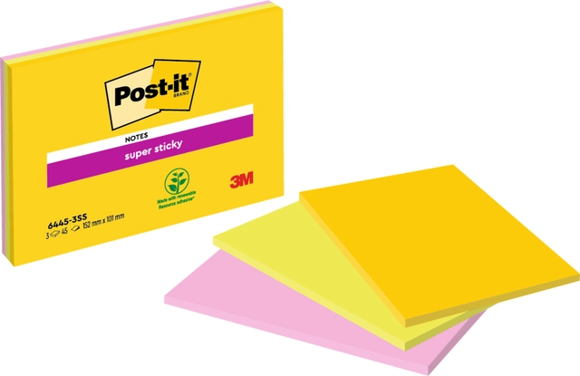 Een Memoblok Post-it 6445 Super Sticky 152x101mm assorti 3st koop je bij Hoekmankantoorartikelen.nl