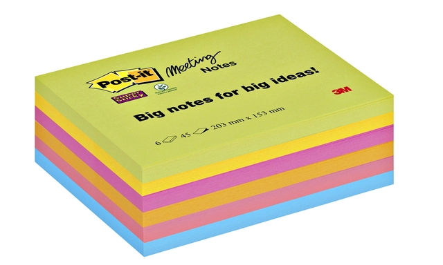 Een Memoblok Post-it 8645 Super Sticky 203x153mm assorti 6 stuks koop je bij Hoekmankantoorartikelen.nl