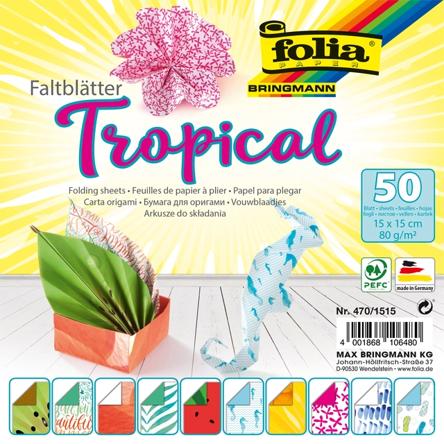 Een Vouwblaadjes Folia 80gr 15x15cm 50 vel 2-zijdig 10 tropical designs koop je bij VHK Kantoorartikelen