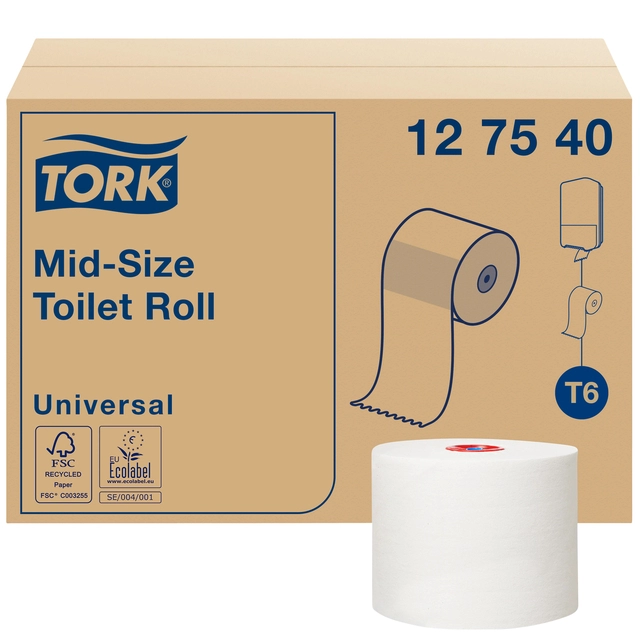 Een Toiletpapier Tork Mid-size T6 Universal 1-laags 135m wit 127540 koop je bij VHK Kantoorartikelen