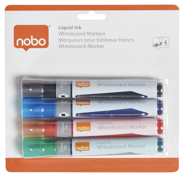 Een Whiteboardmarker Nobo Liquid ink schuin assorti 4mm 4st koop je bij The Cartridge Shop bvba