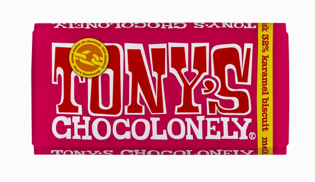 Een Chocolade Tony's Chocolonely melk karamel biscuit reep 180gr koop je bij VHK Kantoorartikelen