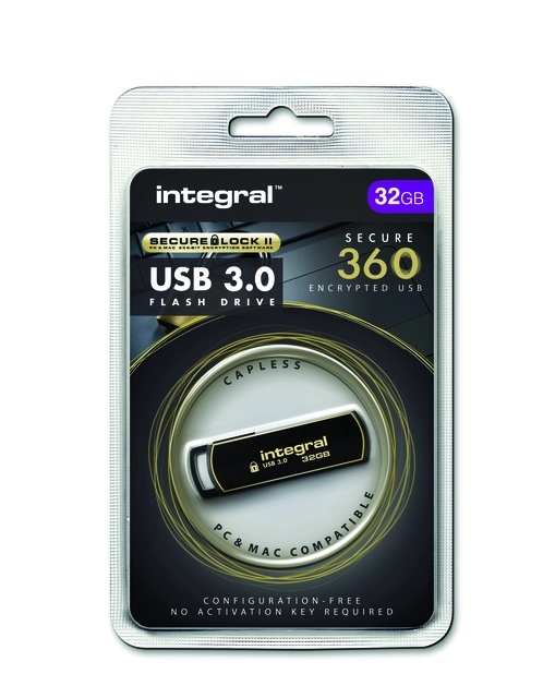 Een USB-stick Integral 3.0 Secure 360 32GB zwart koop je bij VHK Kantoorartikelen