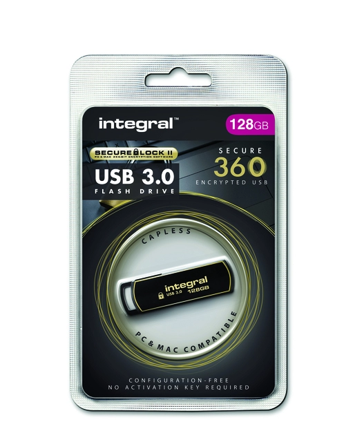 Een USB-stick Integral 3.0 Secure 360 128GB zwart koop je bij VHK Kantoorartikelen