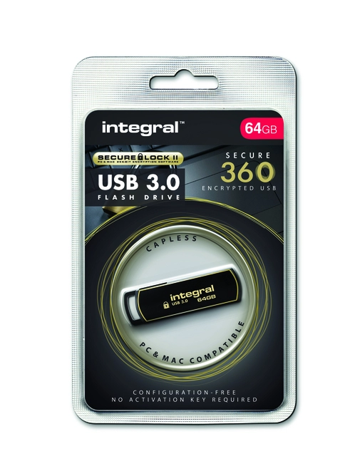 Een USB-stick Integral 3.0 Secure 360 64GB zwart koop je bij VHK Kantoorartikelen