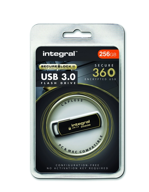 Een USB-stick Integral 3.0 Secure 360 256GB zwart koop je bij VHK Kantoorartikelen