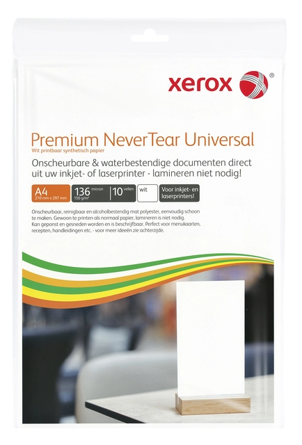 Een Nevertear Xerox Premium Universal A4 polyester 136micron wit 10 vel koop je bij Hoekmankantoorartikelen.nl