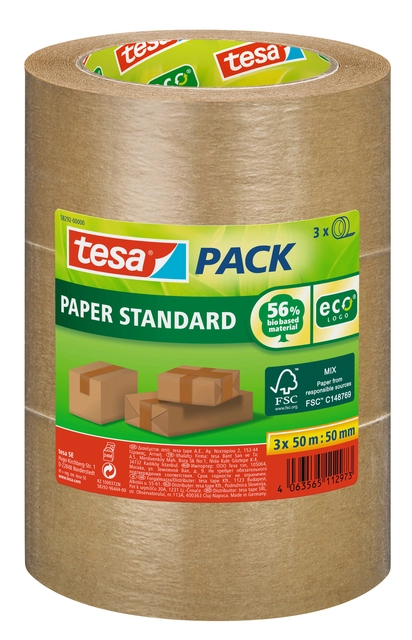 Een Verpakkingstape tesapack® Papier Standard ecoLogo 50mx50mm bruin bundel 3 rollen koop je bij Hoekmankantoorartikelen.nl