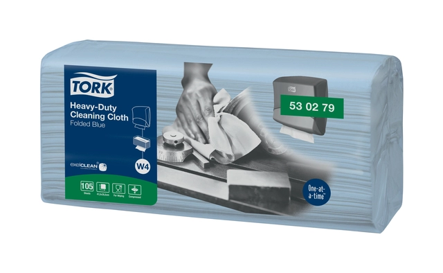 Een Reinigingsdoek Tork Heavy-Duty W4 gevouwen absorberend 105 vel blauw 530279 koop je bij VHK Kantoorartikelen