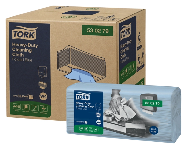 Een Reinigingsdoek Tork Heavy-Duty W4 gevouwen absorberend 105 vel blauw 530279 koop je bij VHK Kantoorartikelen