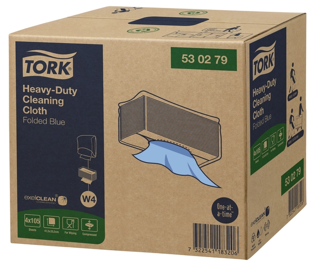 Een Reinigingsdoek Tork Heavy-Duty W4 gevouwen absorberend 105 vel blauw 530279 koop je bij VHK Kantoorartikelen