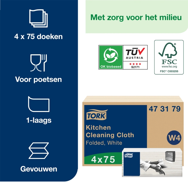 Een Reinigingsdoek Tork Kitchen Cleaning W4 extra absorberend 4 pakken wit 473179 koop je bij Hoekmankantoorartikelen.nl