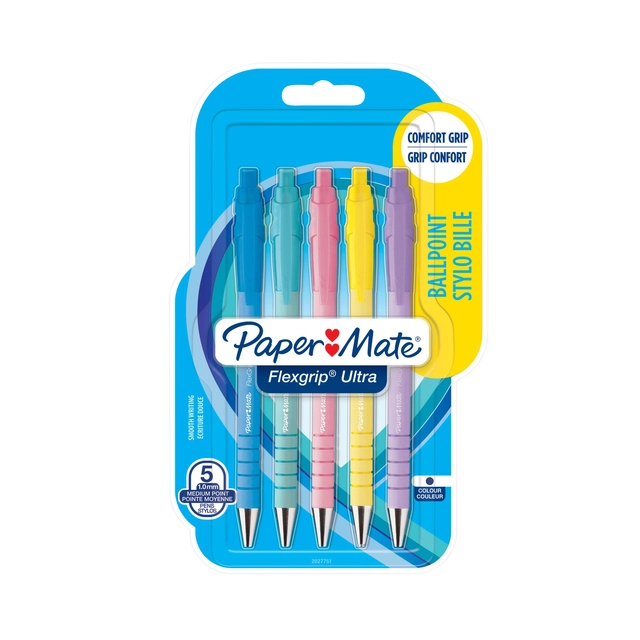 Een Balpen Paper Mate Flexgrip Ultra pastel medium schrijfkleur blauw blister à 5 stuks koop je bij Hoekmankantoorartikelen.nl