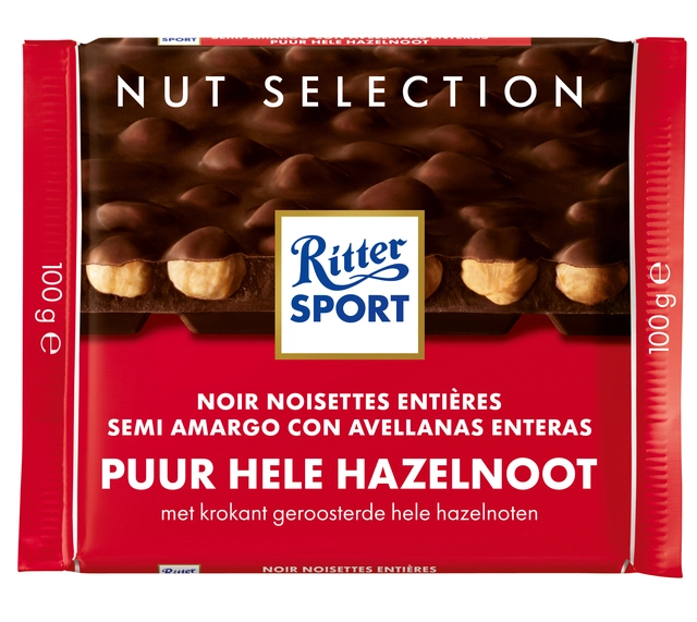 Een Chocolade Ritter Sport puur-hele hazelnoot 100gr koop je bij VHK Kantoorartikelen