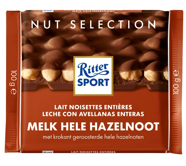 Een Chocolade Ritter Sport melk-hele hazelnoot 100gr koop je bij VHK Kantoorartikelen