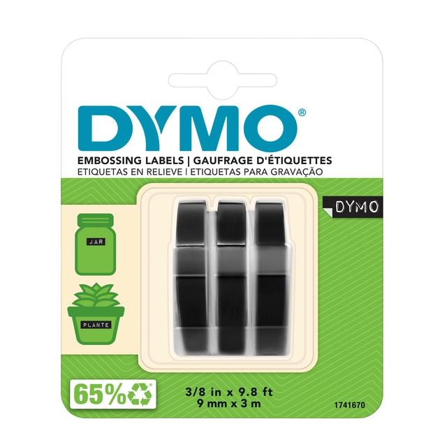 Een Reliëftape Dymo embossing plastic 9mm zwart op wit 3 stuks koop je bij Hoekmankantoorartikelen.nl