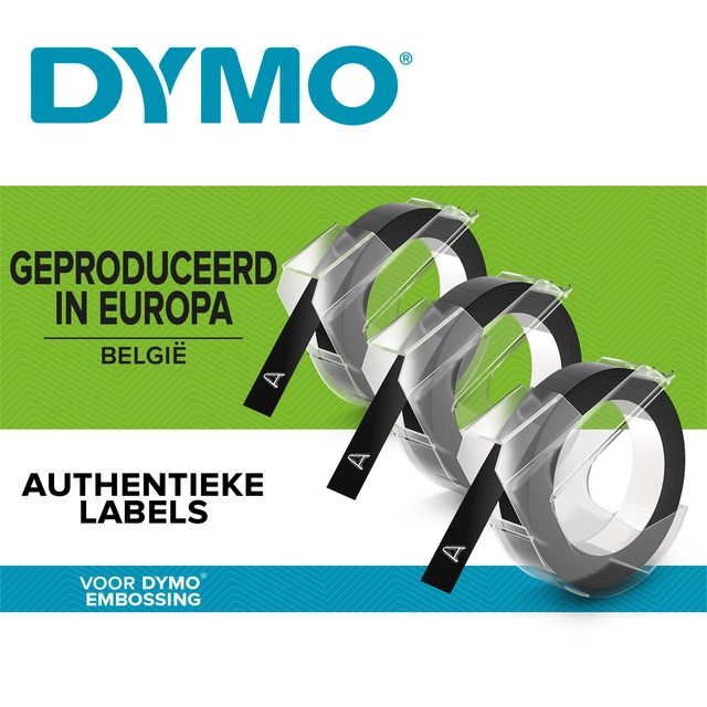 Een Reliëftape Dymo embossing plastic 9mm zwart op wit 3 stuks koop je bij Hoekmankantoorartikelen.nl